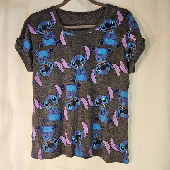 Disney Lilo & Stitch All-Over Print Character‎ T-Shirt Gray Heather Casual Tee - Picture 1 of 4